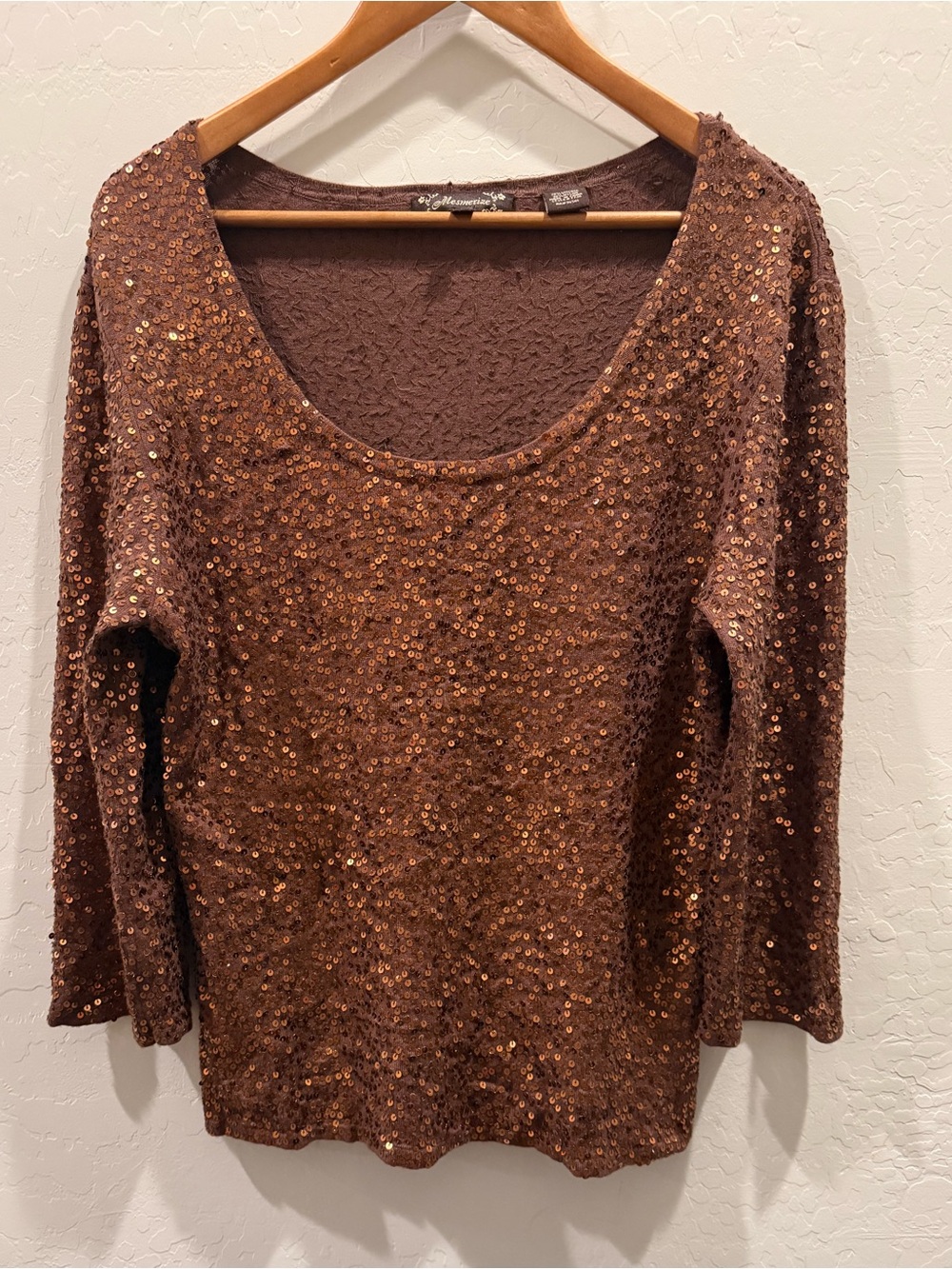 MESMERIZE Sequin Blouse Brown Copper Shimmer Sparkle Knit Top Large
